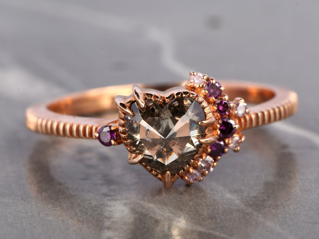 Pink Diamond Ring, 14K Gold Engagement Ring, Natural Brown Heart Diamond Ring, Christmas Gift for Her