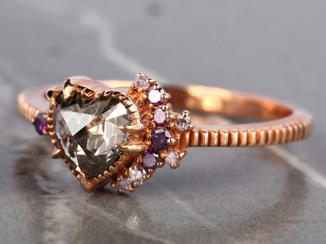 Pink Diamond Ring, 14K Gold Engagement Ring, Natural Brown Heart Diamond Ring, Christmas Gift for Her