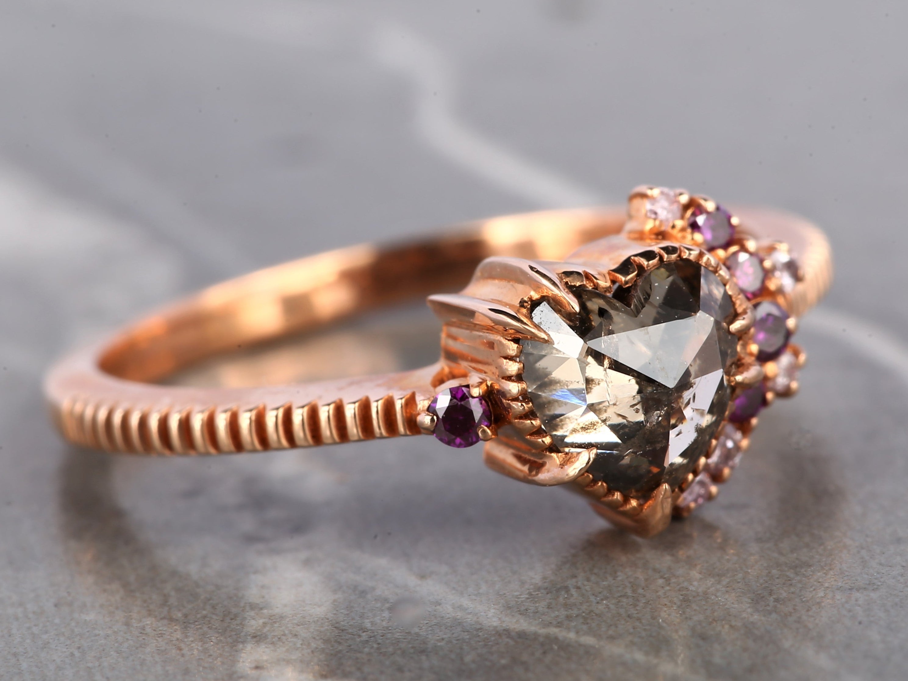 Pink Diamond Ring, 14K Gold Engagement Ring, Natural Brown Heart Diamond Ring, Christmas Gift for Her