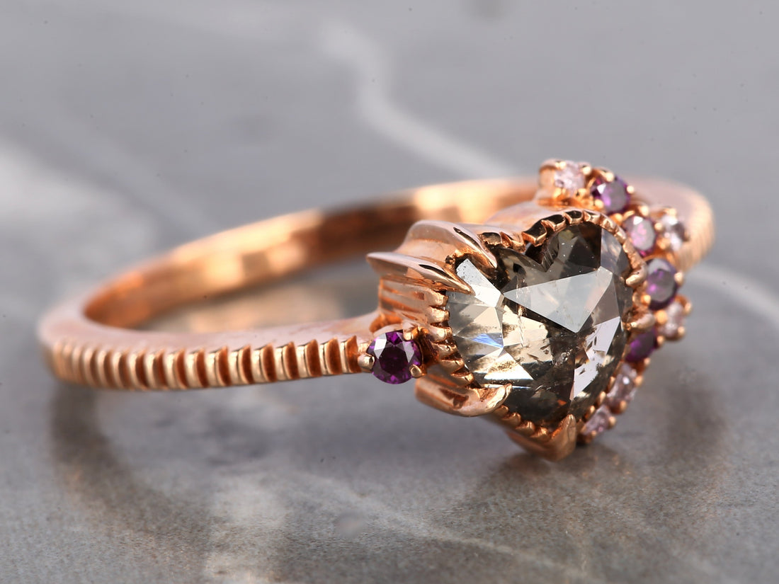 Pink Diamond Ring, 14K Gold Engagement Ring, Natural Brown Heart Diamond Ring, Christmas Gift for Her