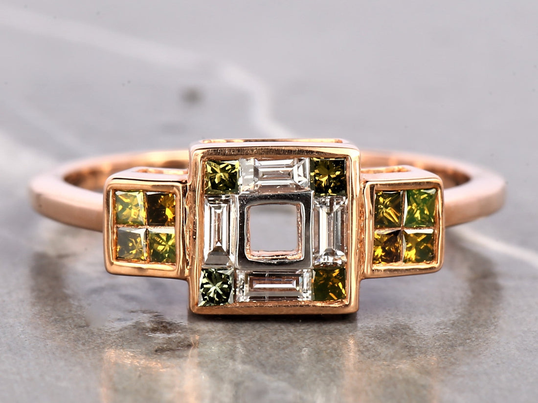 Green Princess Diamond Ring, 14K Gold Engagement Ring, Natural Baguette Diamond Ring, Gift for Her