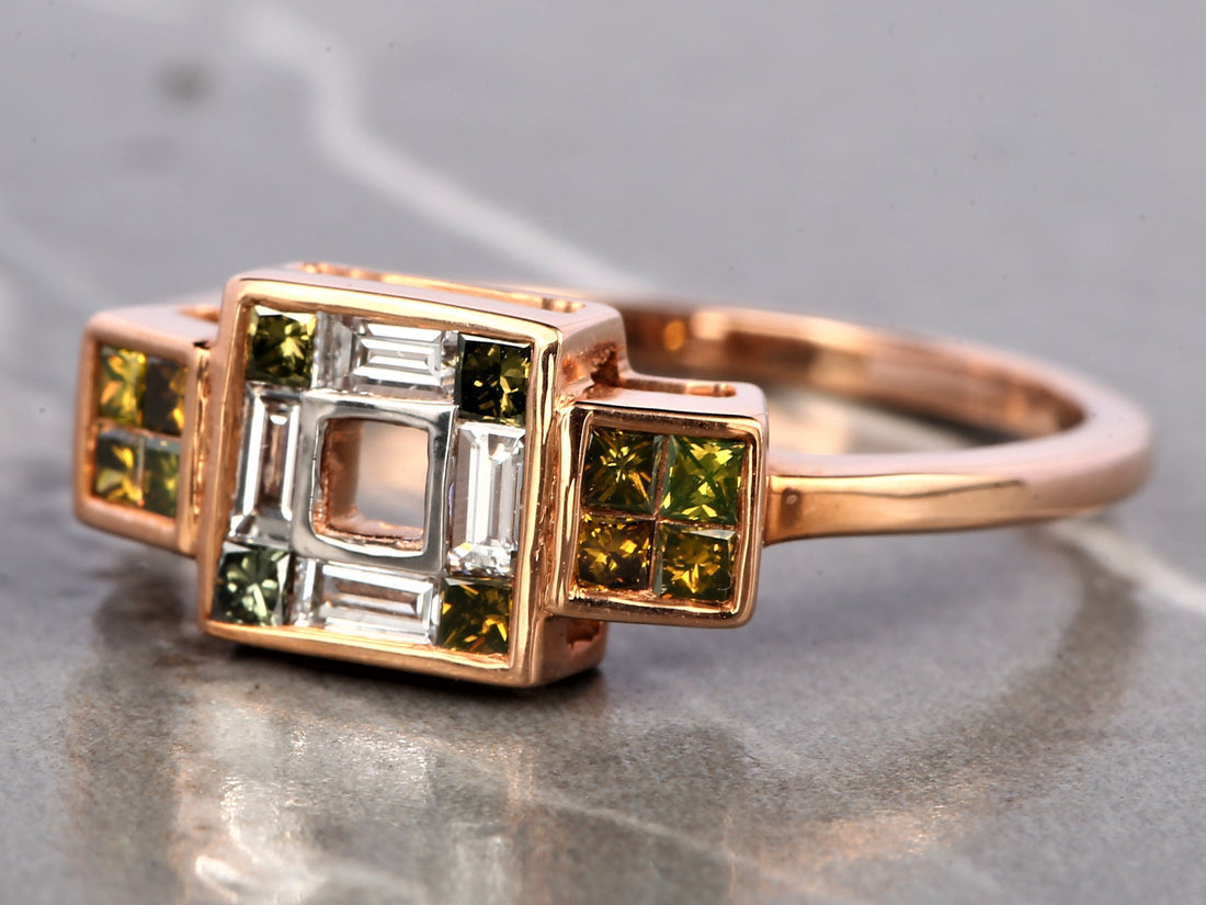 Green Princess Diamond Ring, 14K Gold Engagement Ring, Natural Baguette Diamond Ring, Gift for Her