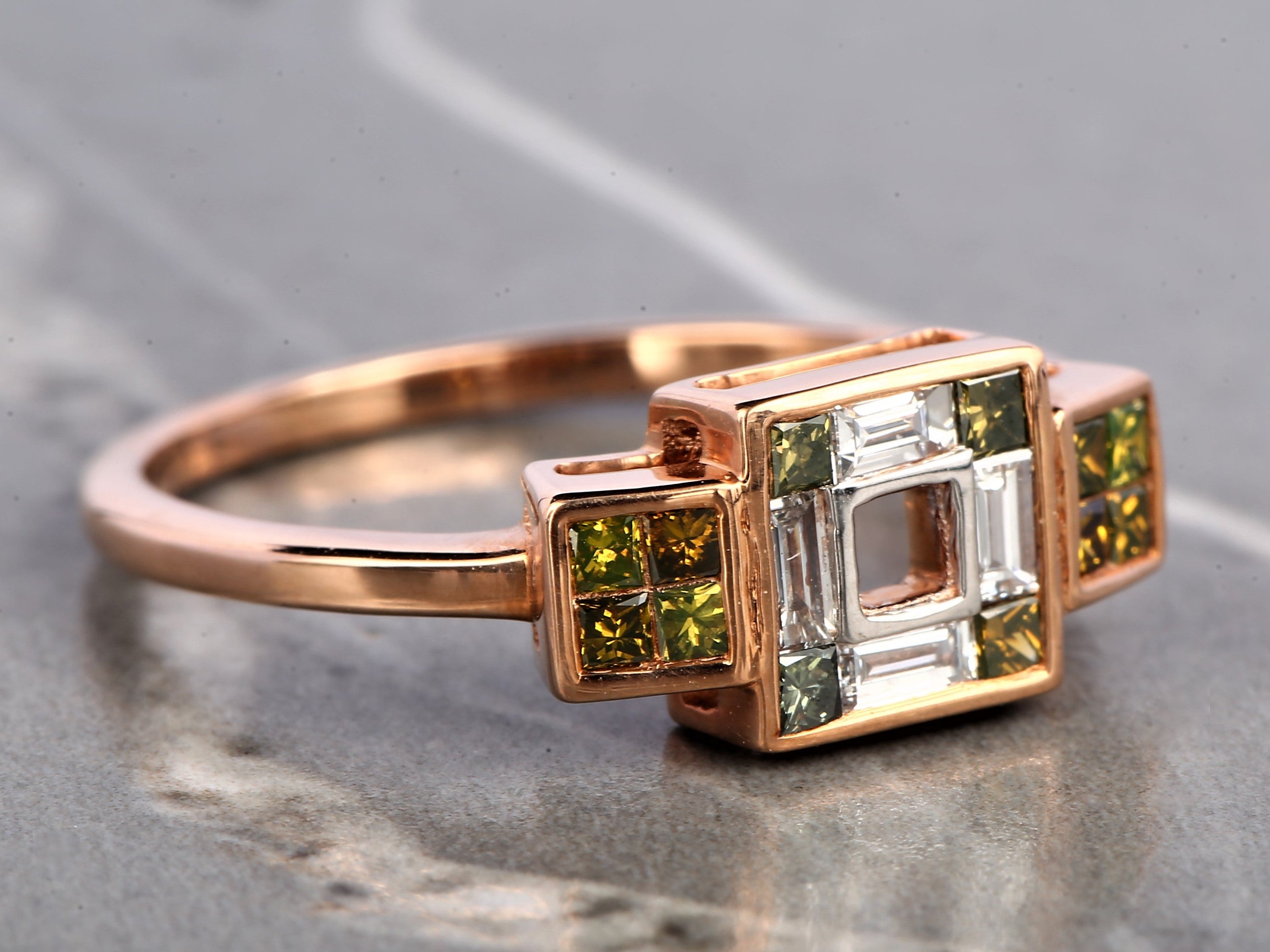 Green Princess Diamond Ring, 14K Gold Engagement Ring, Natural Baguette Diamond Ring, Gift for Her