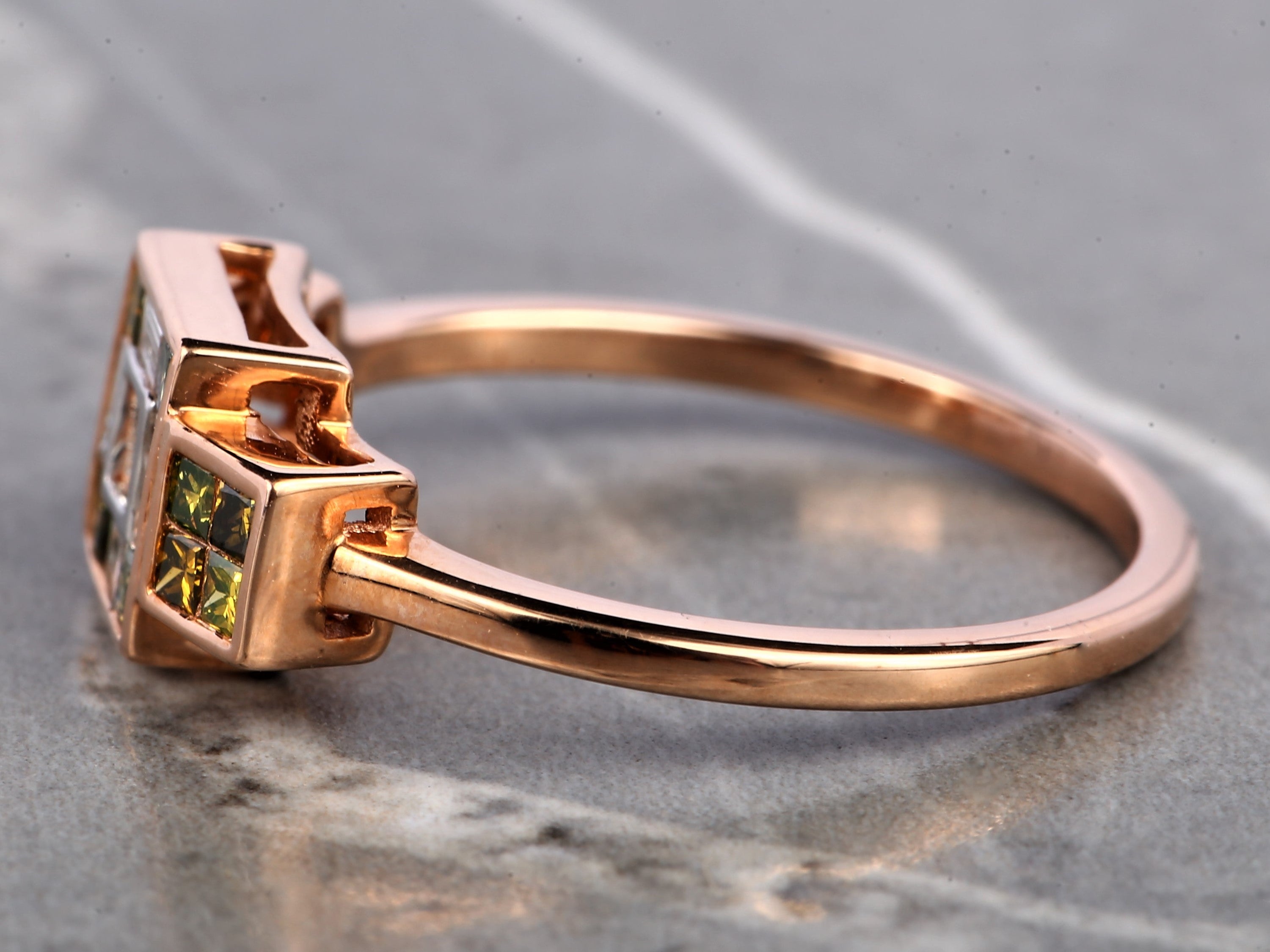 Green Princess Diamond Ring, 14K Gold Engagement Ring, Natural Baguette Diamond Ring, Gift for Her