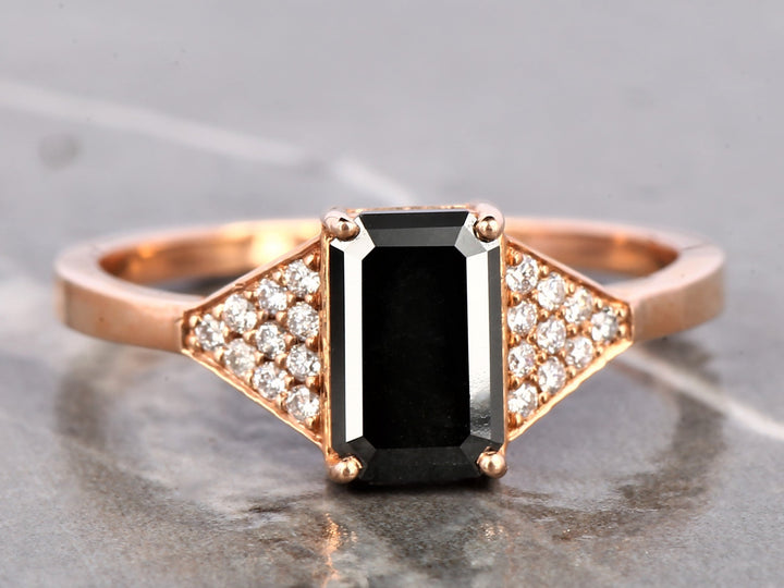 Black Emerald Diamond Ring 14K Gold Anniversary Ring, Natural Diamond Ring, Gift for Her