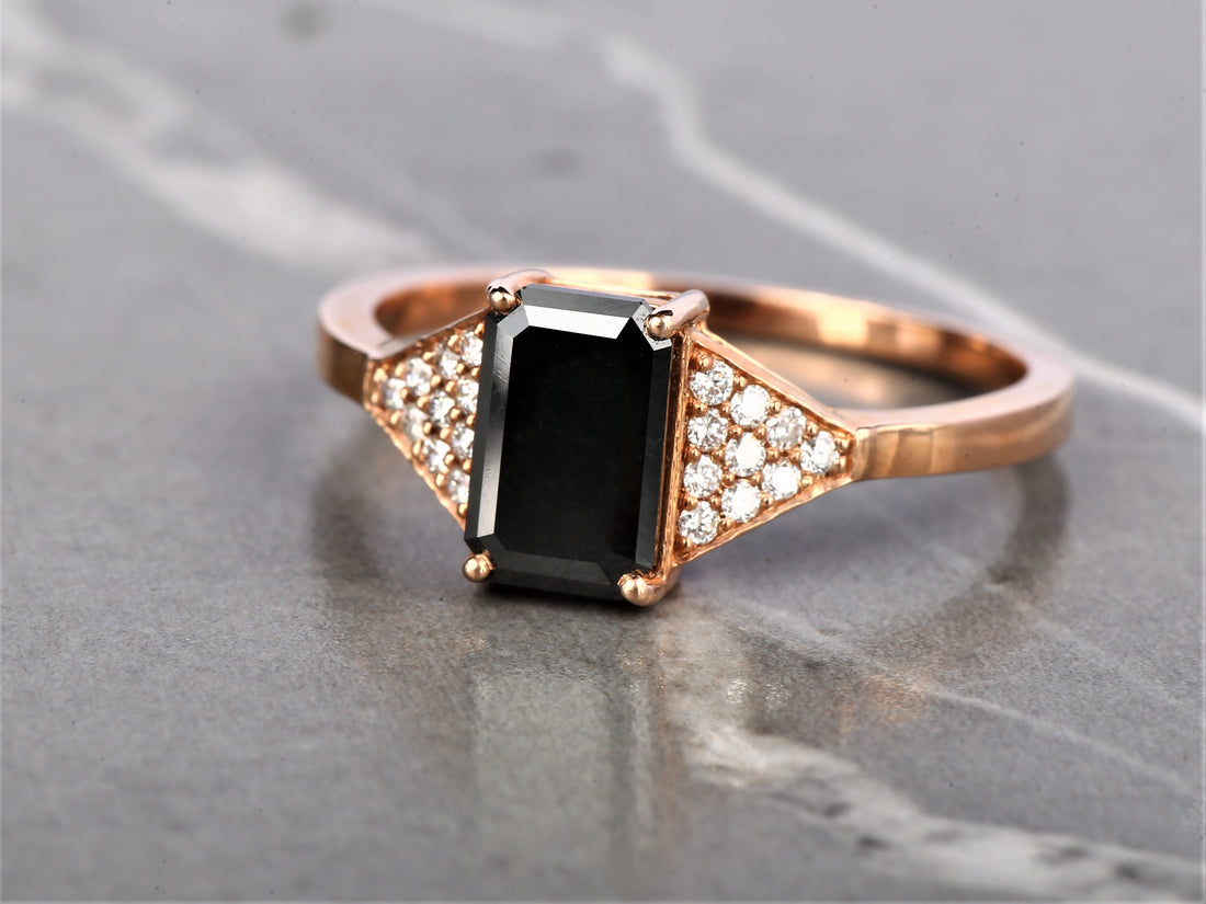 Black Emerald Diamond Ring 14K Gold Anniversary Ring, Natural Diamond Ring, Gift for Her