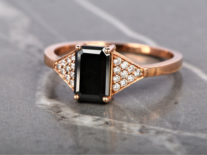 Black Emerald Diamond Ring 14K Gold Anniversary Ring, Natural Diamond Ring, Gift for Her