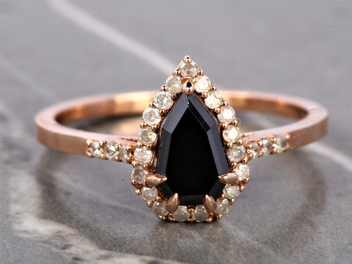 Black Diamond Ring 14K Gold Engagement Halo Ring, Natural Shield Diamond Ring, Gift for Her