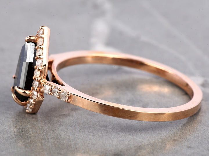 Black Diamond Ring 14K Gold Engagement Halo Ring, Natural Shield Diamond Ring, Gift for Her