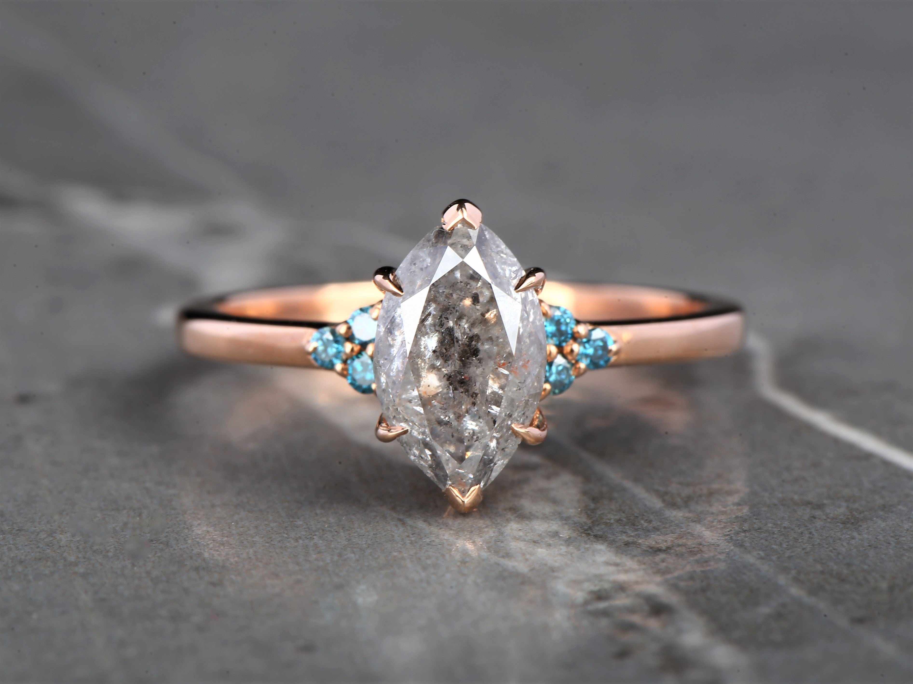Salt and Pepper Marquise Diamond Ring 14K Gold Anniversary Ring, Natural Gray Diamond Ring, Gift for Her