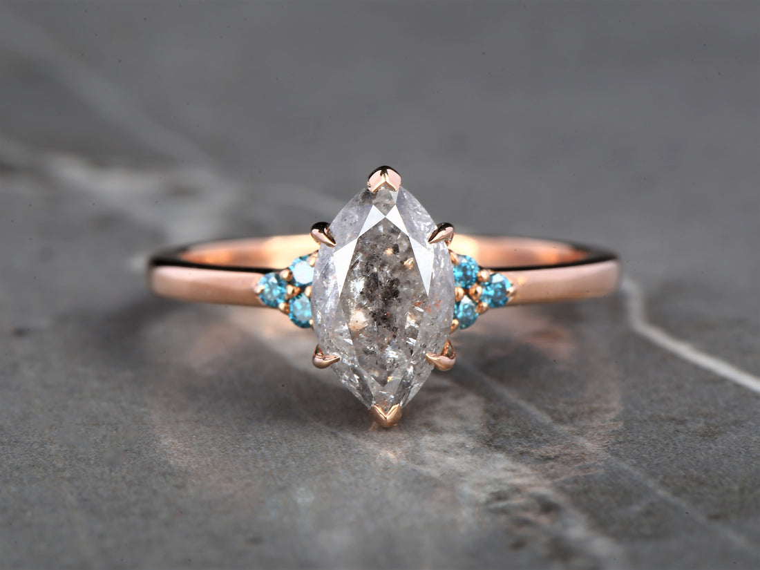 Salt and Pepper Marquise Diamond Ring 14K Gold Anniversary Ring, Natural Gray Diamond Ring, Gift for Her