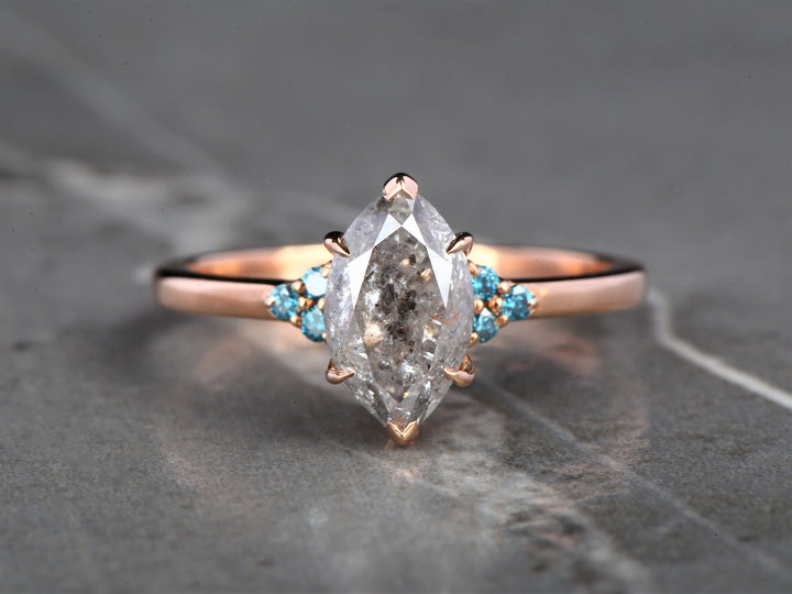 Salt and Pepper Marquise Diamond Ring 14K Gold Anniversary Ring, Natural Gray Diamond Ring, Gift for Her