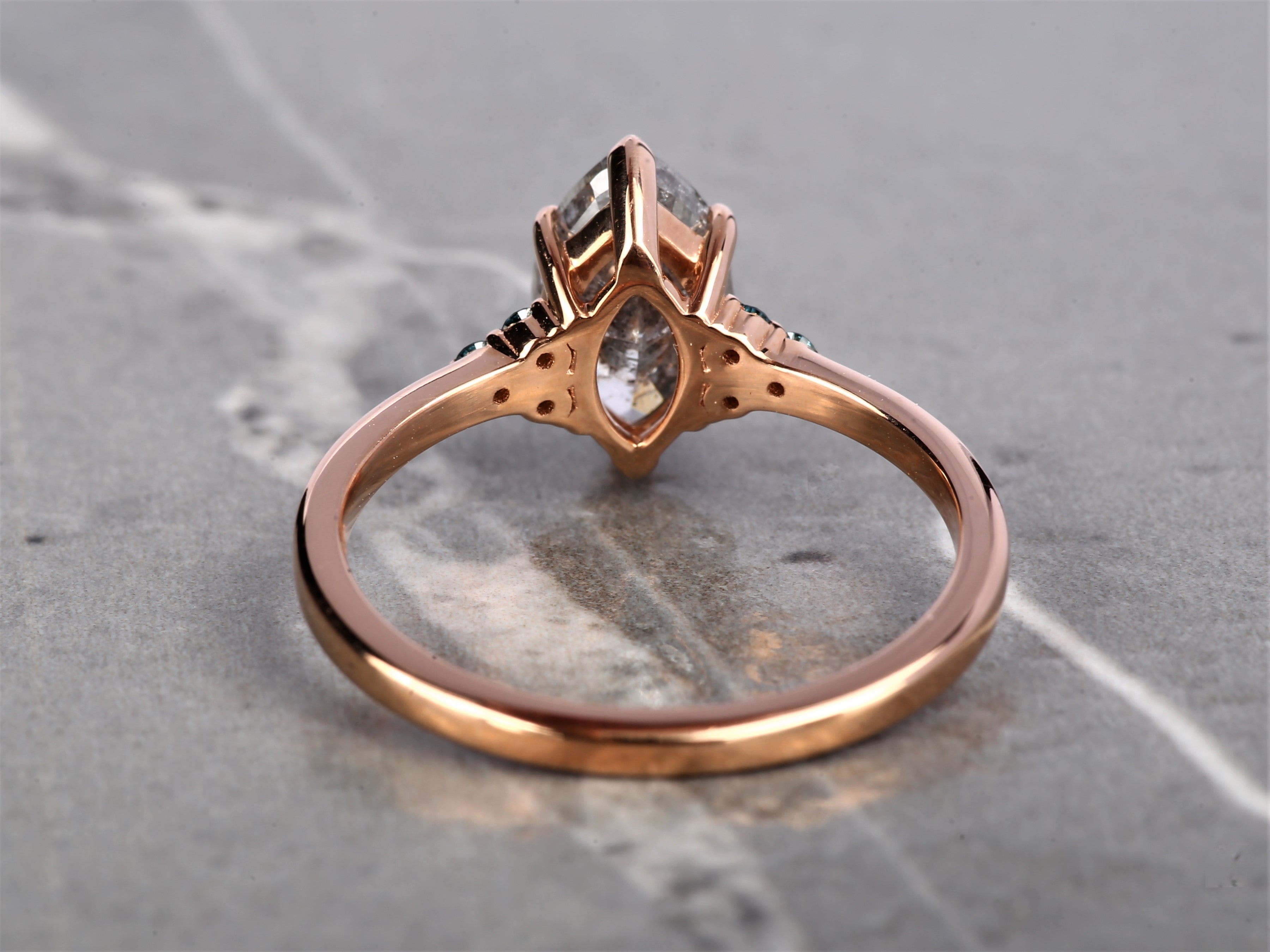 Salt and Pepper Marquise Diamond Ring 14K Gold Anniversary Ring, Natural Gray Diamond Ring, Gift for Her