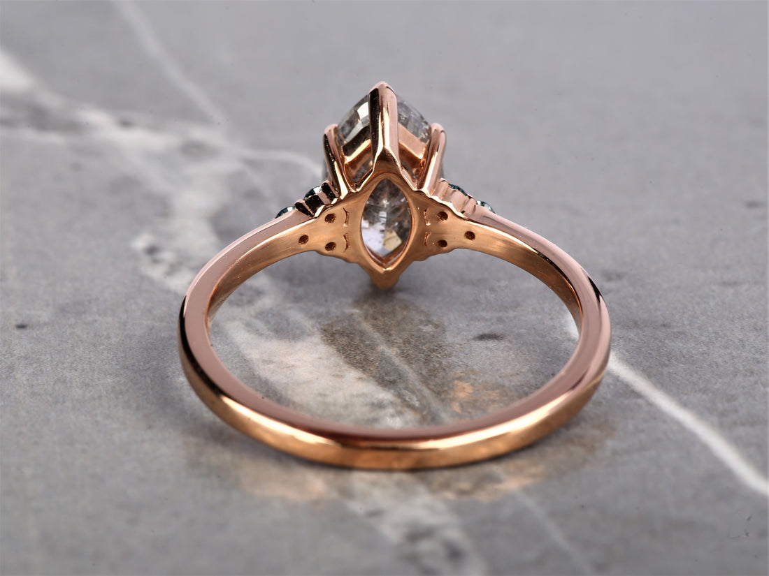 Salt and Pepper Marquise Diamond Ring 14K Gold Anniversary Ring, Natural Gray Diamond Ring, Gift for Her