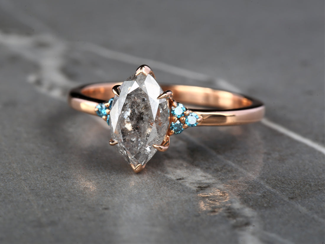 Salt and Pepper Marquise Diamond Ring 14K Gold Anniversary Ring, Natural Gray Diamond Ring, Gift for Her
