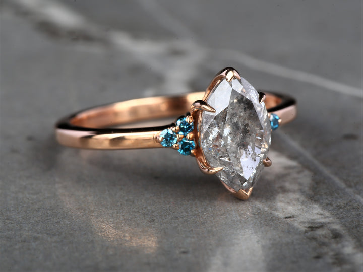 Salt and Pepper Marquise Diamond Ring 14K Gold Anniversary Ring, Natural Gray Diamond Ring, Gift for Her