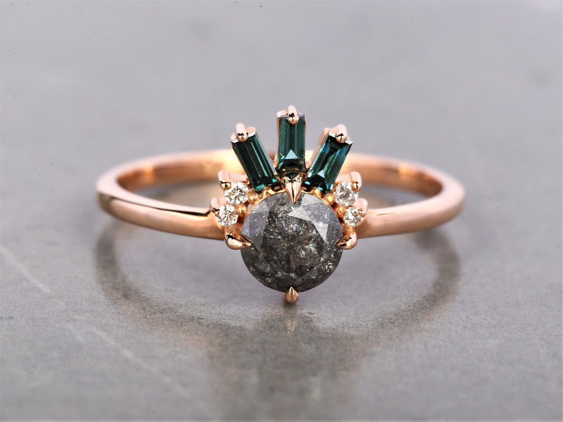 Salt and Pepper Round Diamond Ring 14K Gold Anniversary Ring, Natural Gray Diamond Ring, Gift for Her