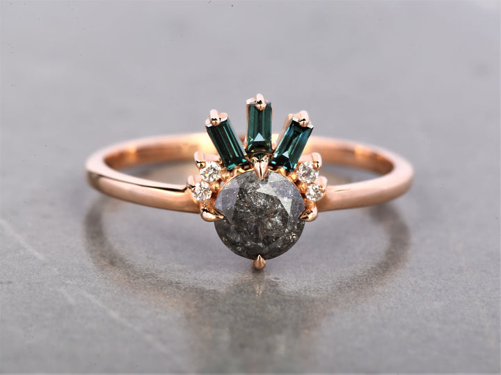 Salt and Pepper Round Diamond Ring 14K Gold Anniversary Ring, Natural Gray Diamond Ring, Gift for Her