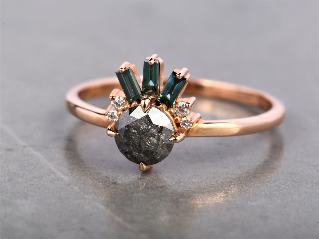 Salt and Pepper Round Diamond Ring 14K Gold Anniversary Ring, Natural Gray Diamond Ring, Gift for Her