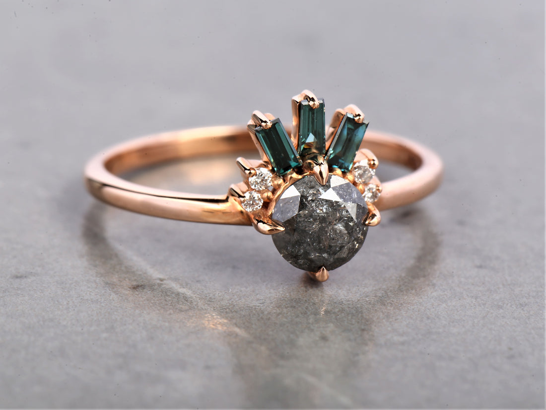 Salt and Pepper Round Diamond Ring 14K Gold Anniversary Ring, Natural Gray Diamond Ring, Gift for Her
