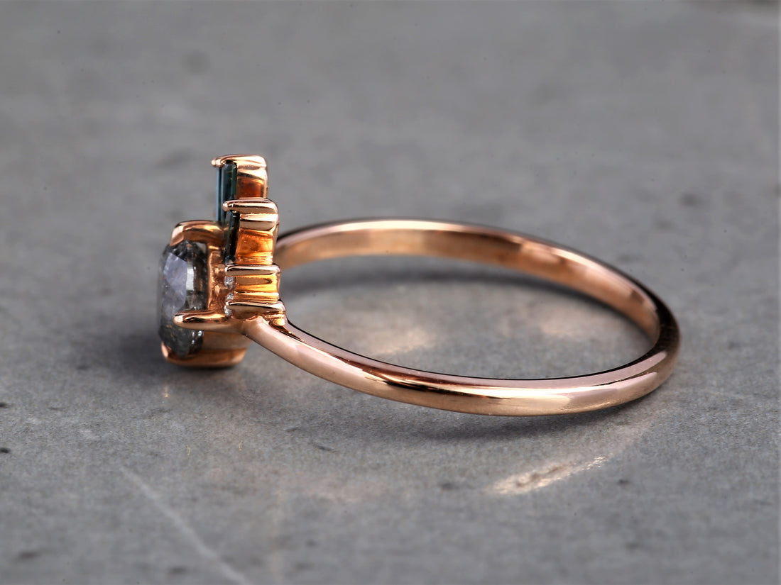 Salt and Pepper Round Diamond Ring 14K Gold Anniversary Ring, Natural Gray Diamond Ring, Gift for Her
