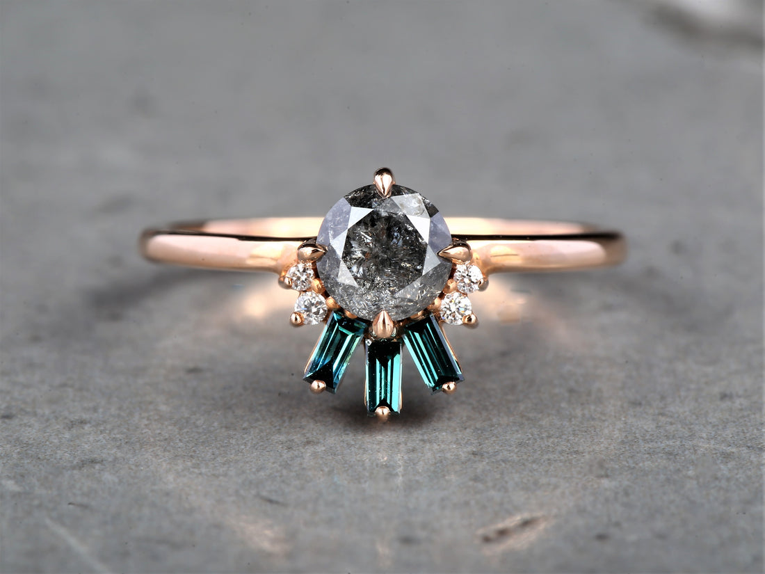 Salt and Pepper Round Diamond Ring 14K Gold Anniversary Ring, Natural Gray Diamond Ring, Gift for Her