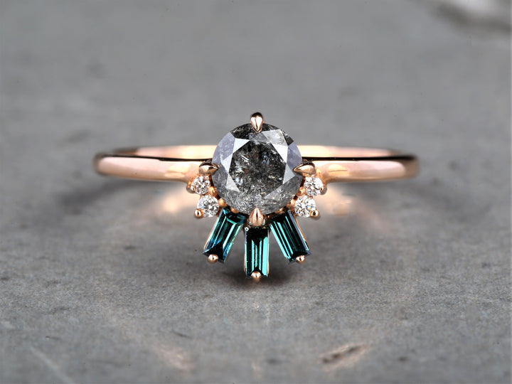 Salt and Pepper Round Diamond Ring 14K Gold Anniversary Ring, Natural Gray Diamond Ring, Gift for Her