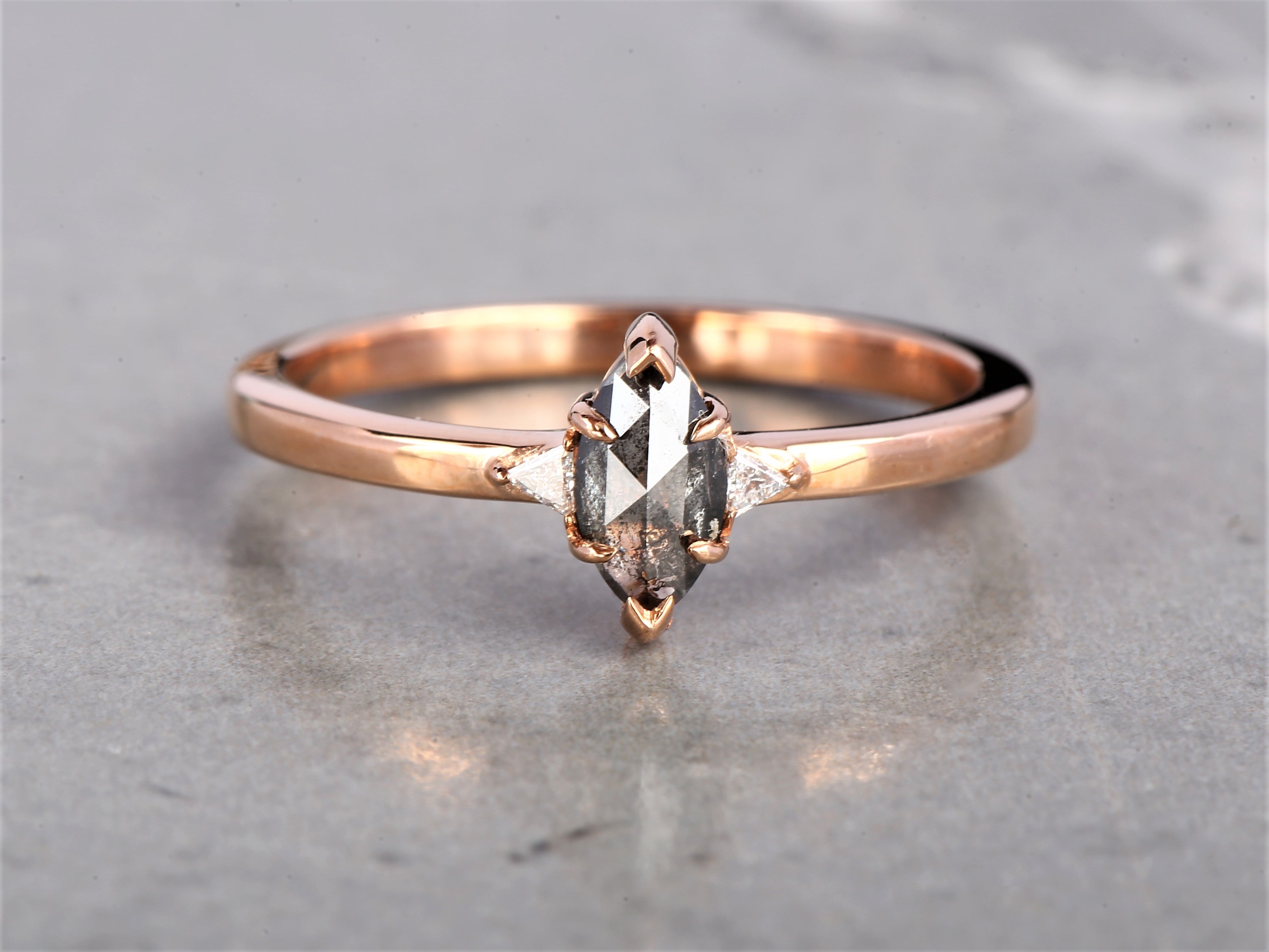 Salt and Pepper Marquise Diamond Ring 14K Gold Anniversary Ring, Natural Gray Diamond Ring, Gift for Women