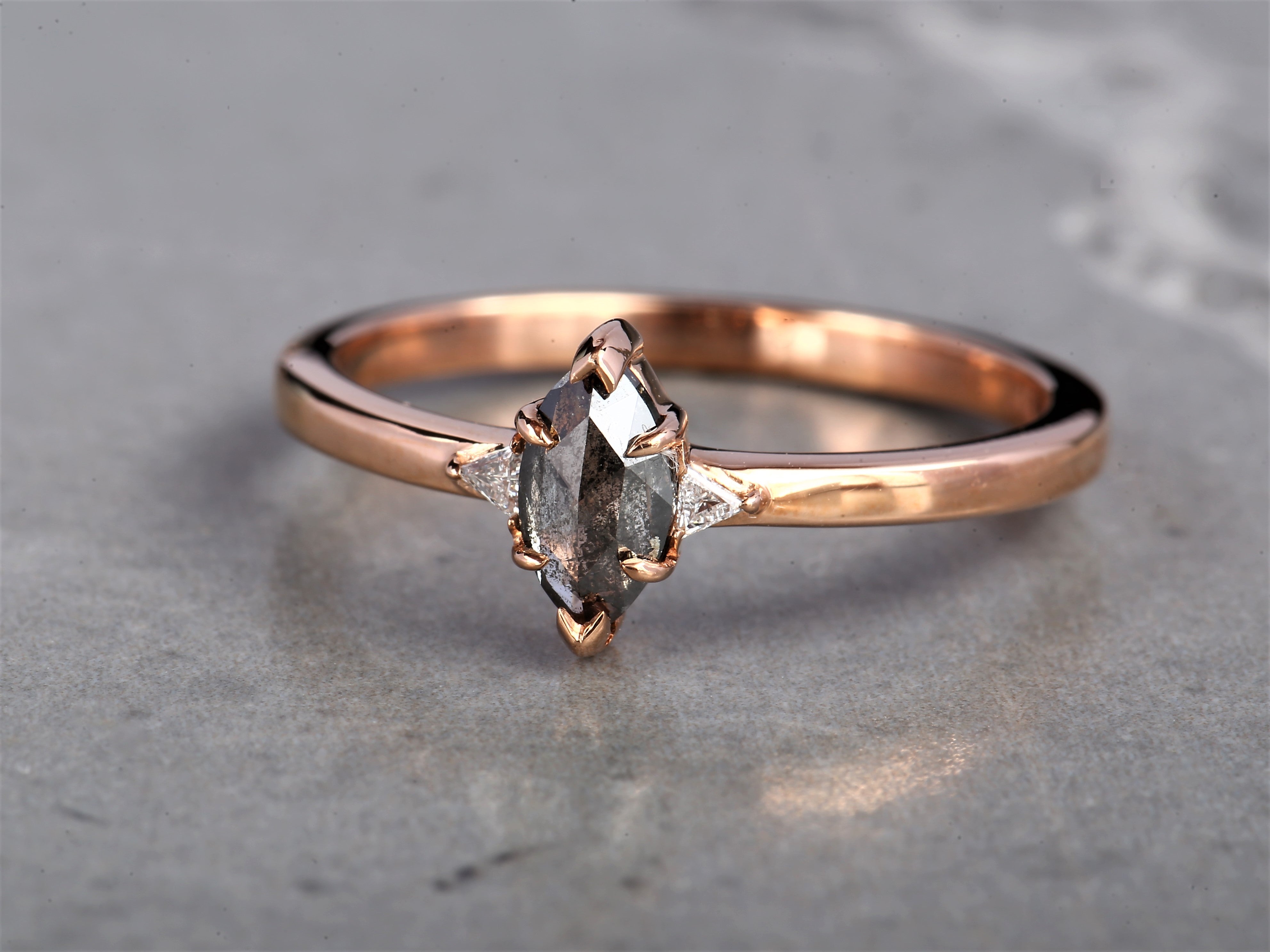 Salt and Pepper Marquise Diamond Ring 14K Gold Anniversary Ring, Natural Gray Diamond Ring, Gift for Women