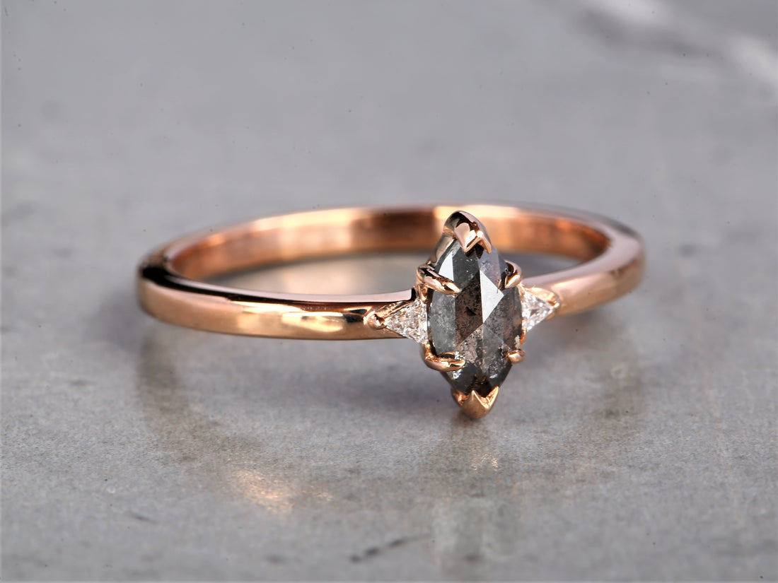 Salt and Pepper Marquise Diamond Ring 14K Gold Anniversary Ring, Natural Gray Diamond Ring, Gift for Women