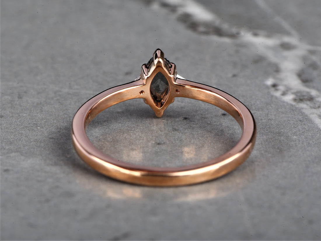 Salt and Pepper Marquise Diamond Ring 14K Gold Anniversary Ring, Natural Gray Diamond Ring, Gift for Women