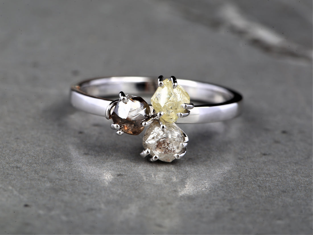 Rough Diamond Ring 14K Gold Anniversary Ring, Natural White Yellow Brown Diamond Ring, Gift for Her