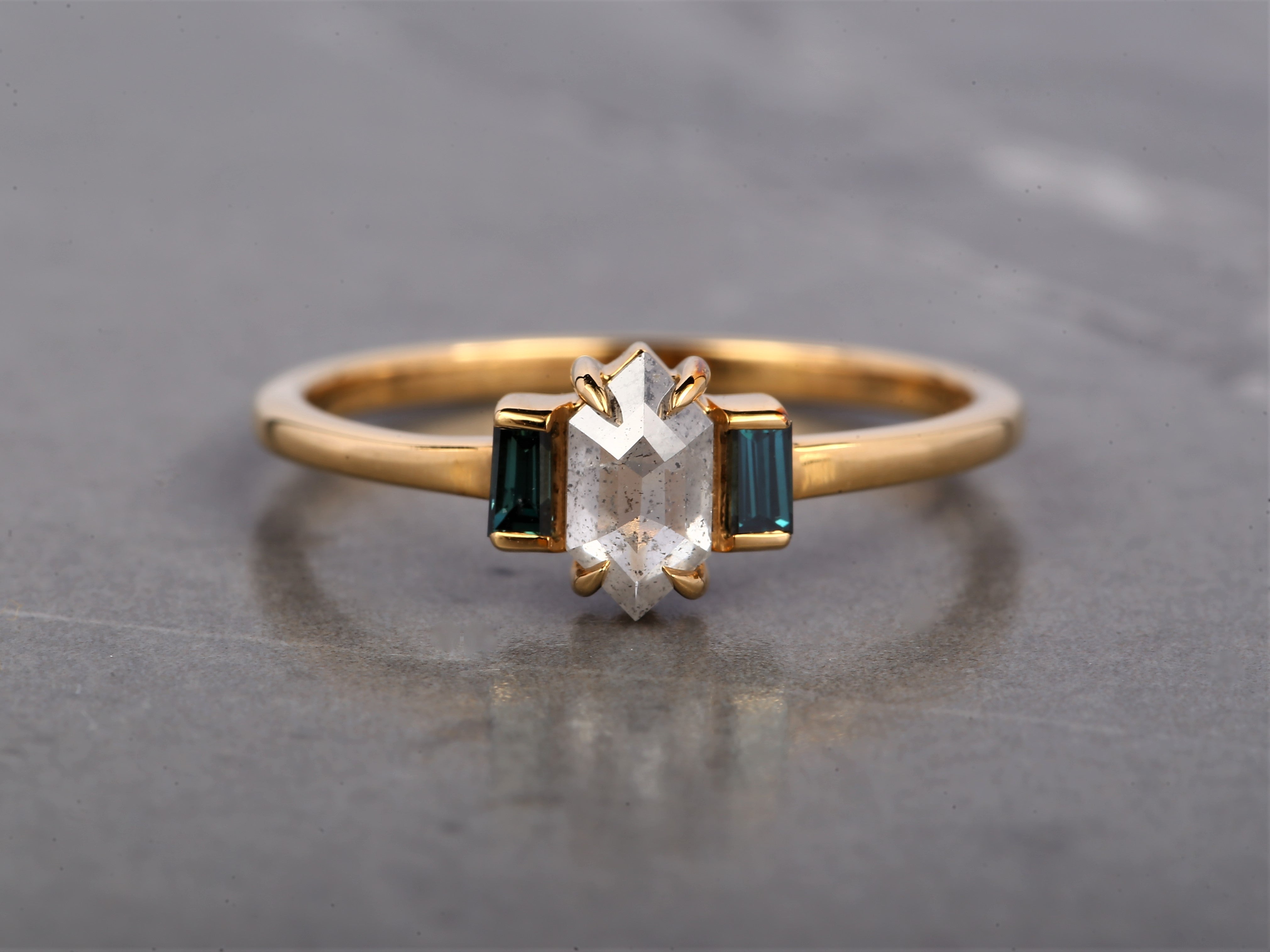 Salt and Pepper Hexagon Diamond Ring 14K Gold Anniversary Ring, Natural Gray Diamond Ring, Gift for Her