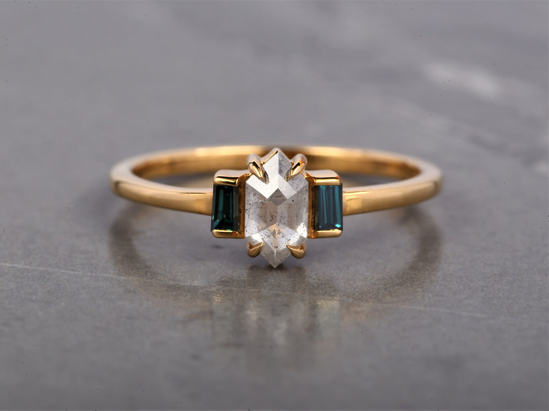 Salt and Pepper Hexagon Diamond Ring 14K Gold Anniversary Ring, Natural Gray Diamond Halo Ring, Gift for Her