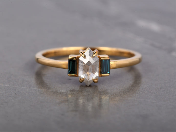 Salt and Pepper Hexagon Diamond Ring 14K Gold Anniversary Ring, Natural Gray Diamond Halo Ring, Gift for Her