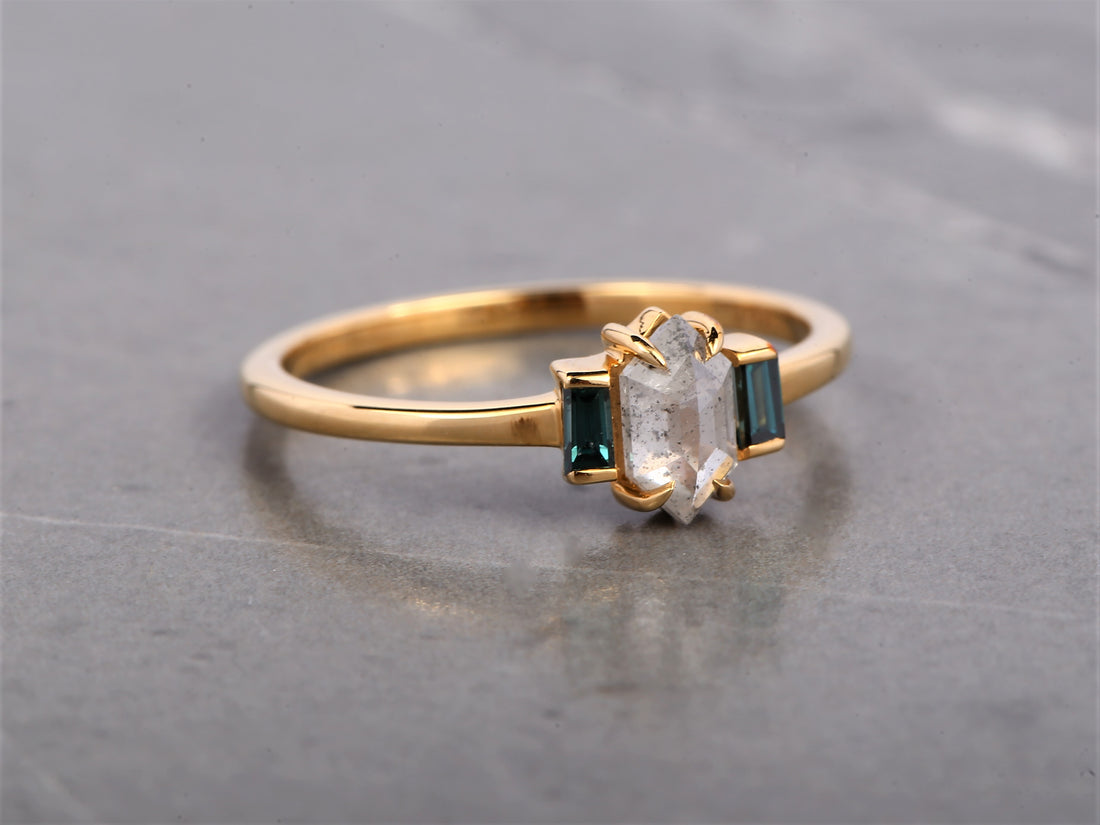 Salt and Pepper Hexagon Diamond Ring 14K Gold Anniversary Ring, Natural Gray Diamond Halo Ring, Gift for Her