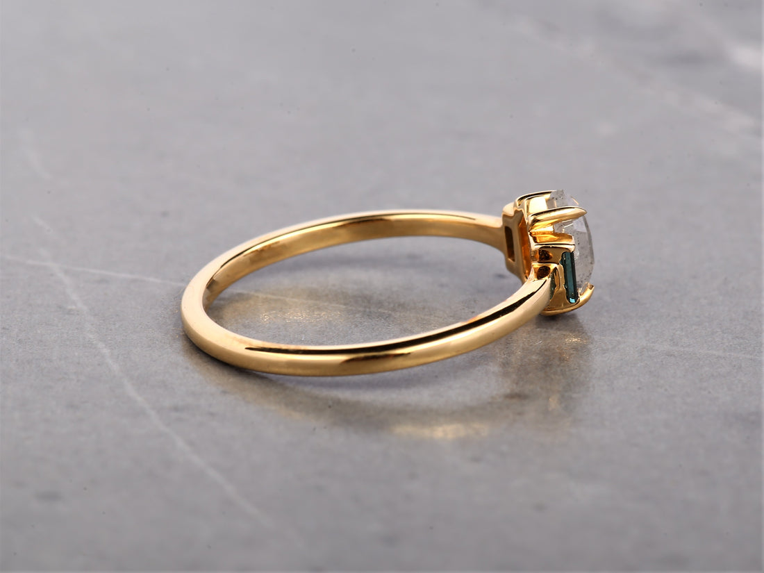 Salt and Pepper Hexagon Diamond Ring 14K Gold Anniversary Ring, Natural Gray Diamond Halo Ring, Gift for Her