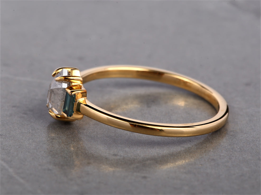 Salt and Pepper Hexagon Diamond Ring 14K Gold Anniversary Ring, Natural Gray Diamond Halo Ring, Gift for Her