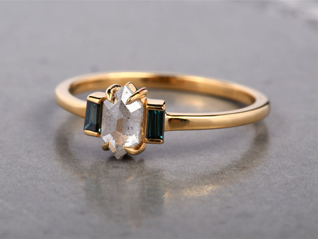 Salt and Pepper Hexagon Diamond Ring 14K Gold Anniversary Ring, Natural Gray Diamond Halo Ring, Gift for Her