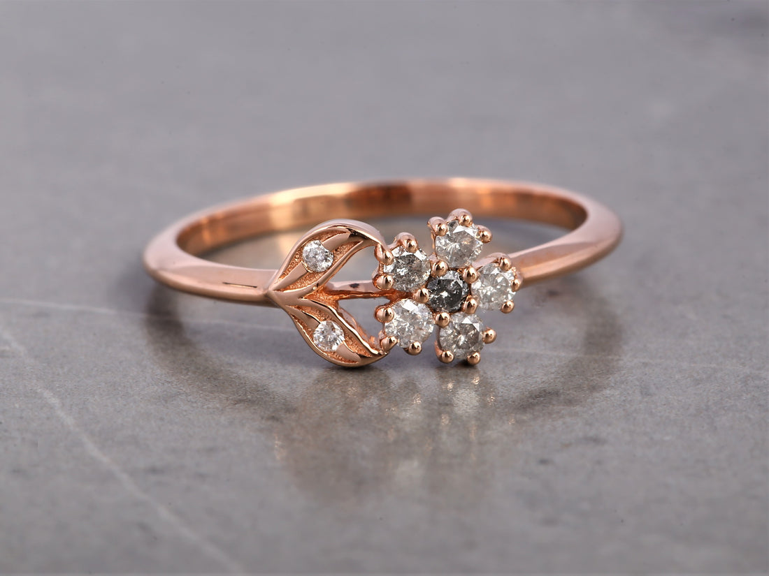 Salt and Pepper Round Diamond Ring 14K Gold Anniversary Ring, Natural Gray Diamond Ring, Gift for Women