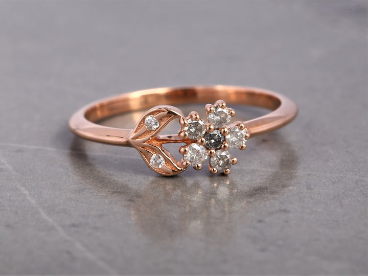 Salt and Pepper Round Diamond Ring 14K Gold Anniversary Ring, Natural Gray Diamond Ring, Gift for Women