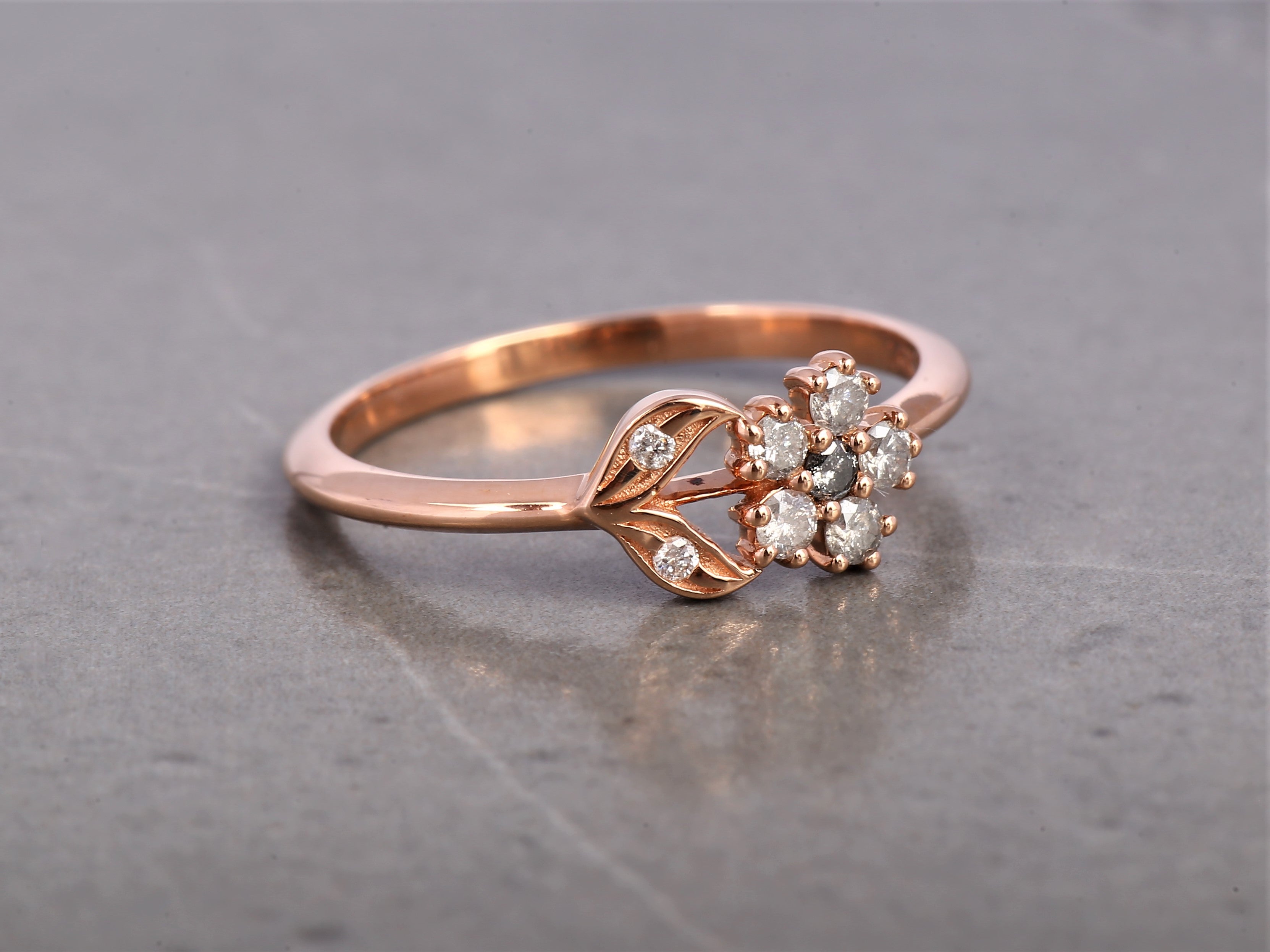 Salt and Pepper Round Diamond Ring 14K Gold Anniversary Ring, Natural Gray Diamond Ring, Gift for Women