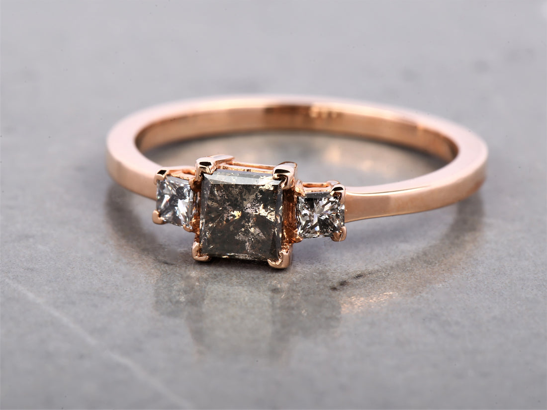 Salt and Pepper Princess Diamond Ring 14K Gold Anniversary Ring, Natural Brown Diamond Ring, Gift for Women