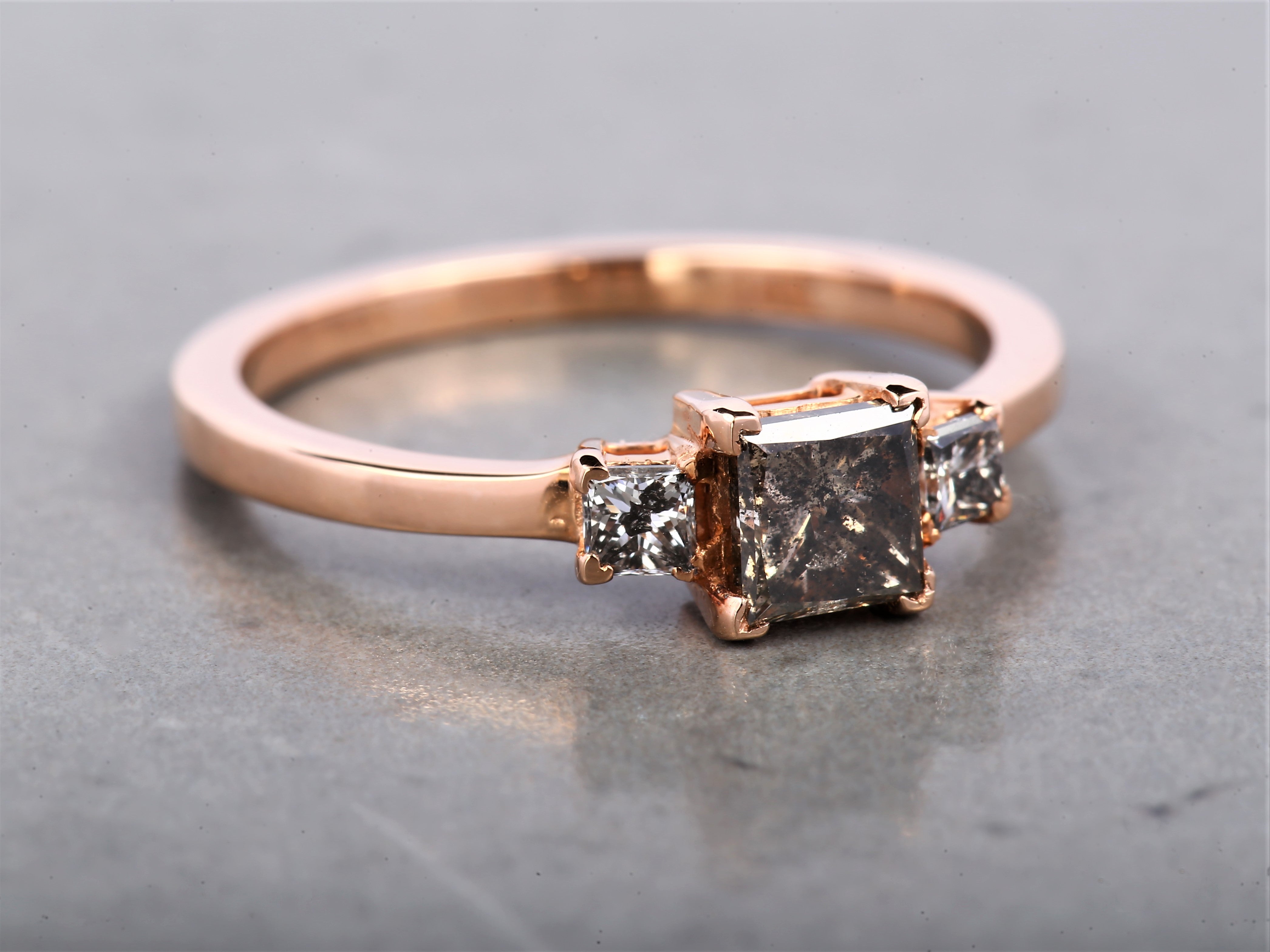Salt and Pepper Princess Diamond Ring 14K Gold Anniversary Ring, Natural Brown Diamond Ring, Gift for Women