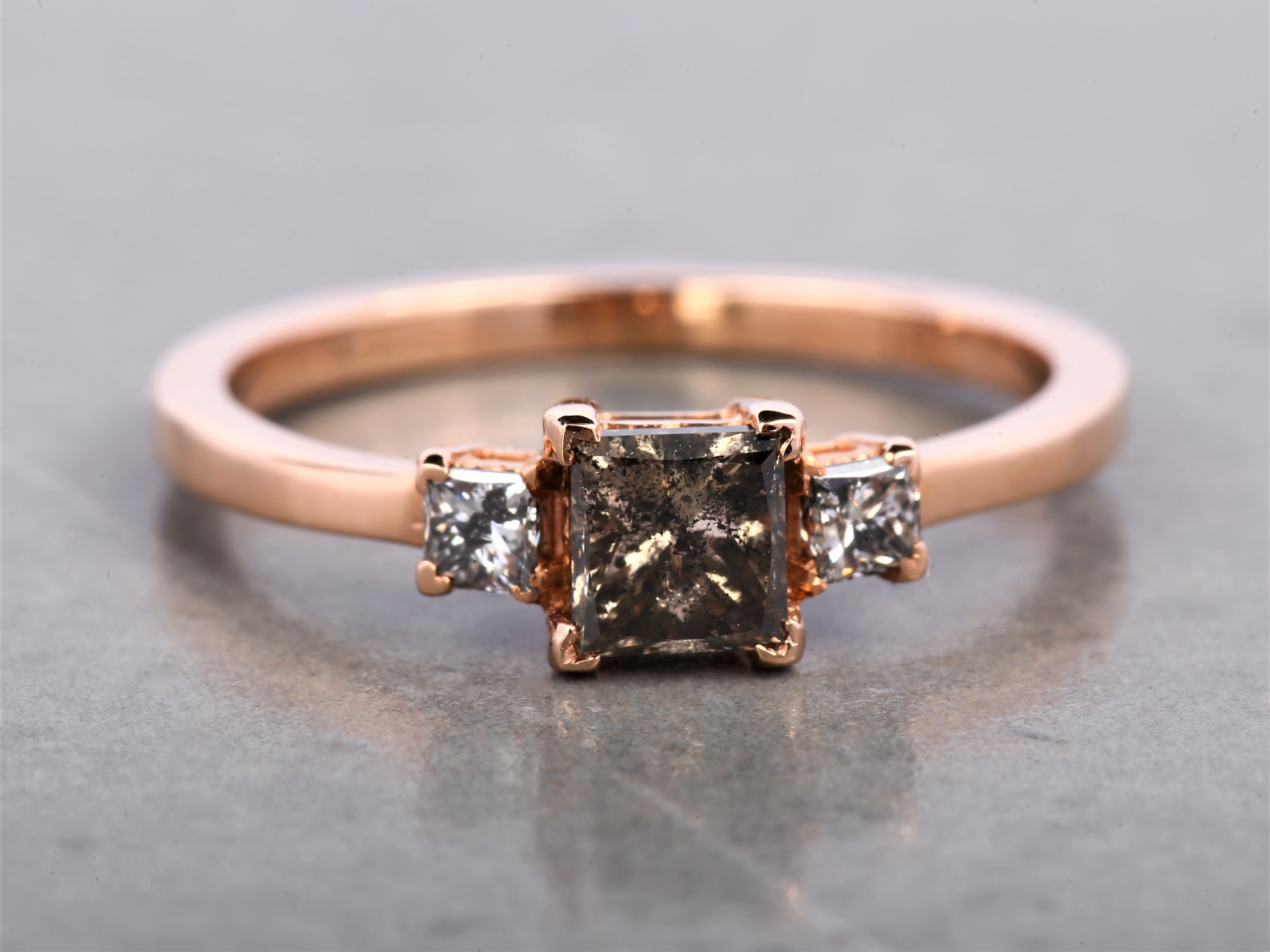 Salt and Pepper Princess Diamond Ring 14K Gold Anniversary Ring, Natural Brown Diamond Ring, Gift for Women