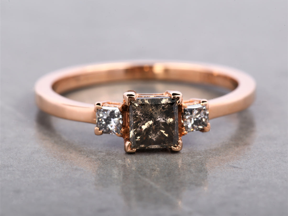 Salt and Pepper Princess Diamond Ring 14K Gold Anniversary Ring, Natural Brown Diamond Ring, Gift for Women