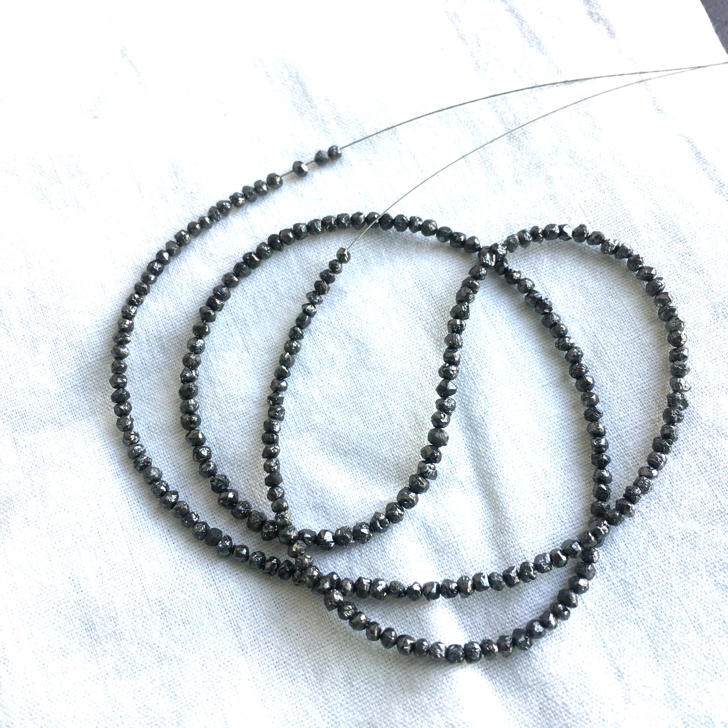 Natural Black Round Raw Uncut Diamond Beads 16" Strand Necklace, 1.50 mm To 2.50 mm 16 Inch Full Strand wt Silver Clasp