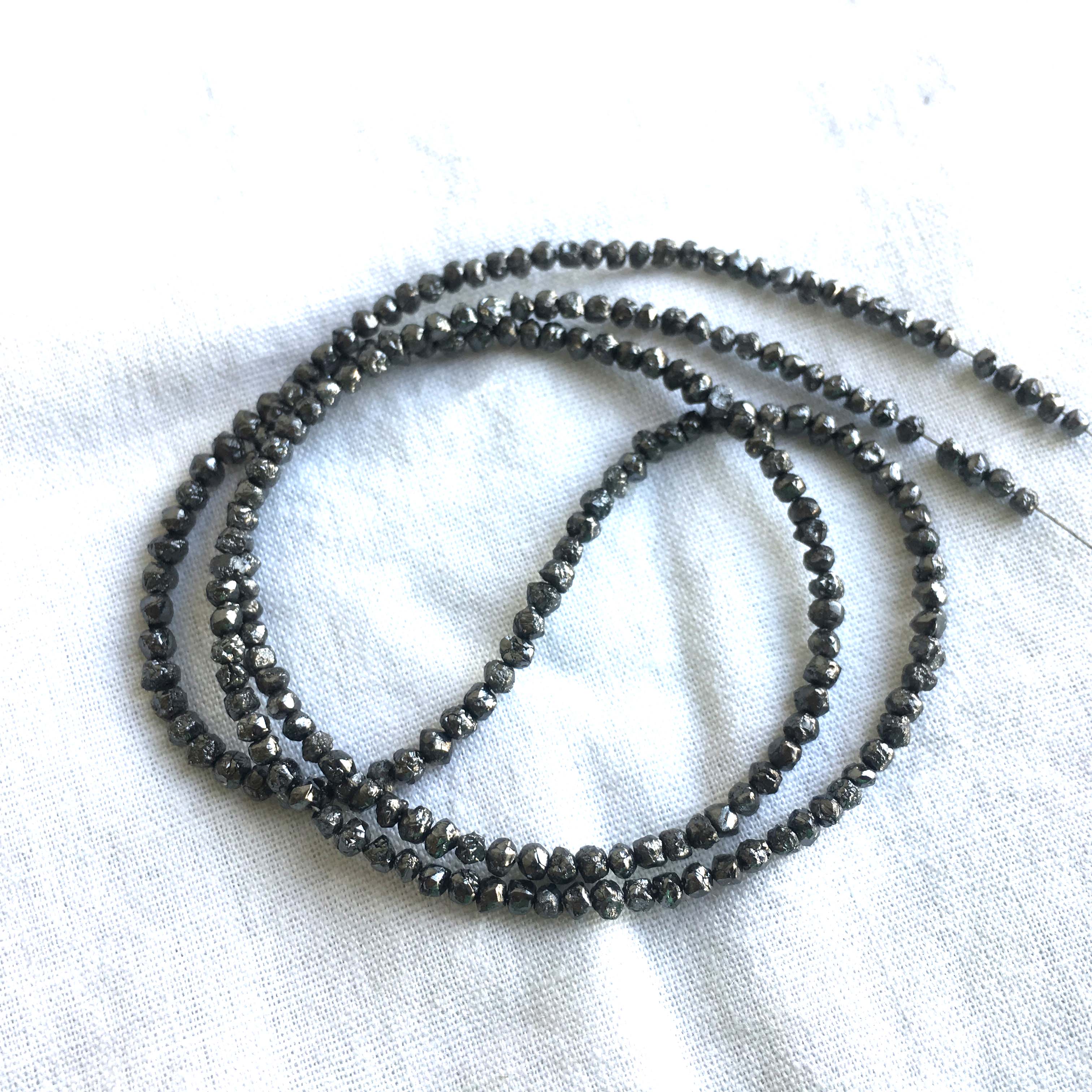Natural Black Round Raw Uncut Diamond Beads 16" Strand Necklace, 1.50 mm To 2.50 mm 16 Inch Full Strand wt Silver Clasp