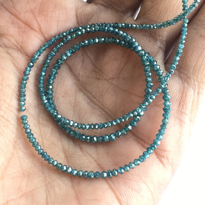 15.00 Ct Natural Faceted Diamond Beads, Blue Color Polished Loose Diamonds, 1.50 mm To 2.50 mm Each, 16 Inch Strand wt Yellow Gold Clasp
