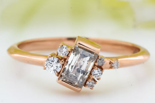 Salt and Pepper Diamond Ring 14K Gold Engagement Ring, Natural Baguette Gray Diamond Ring, Gift for Women